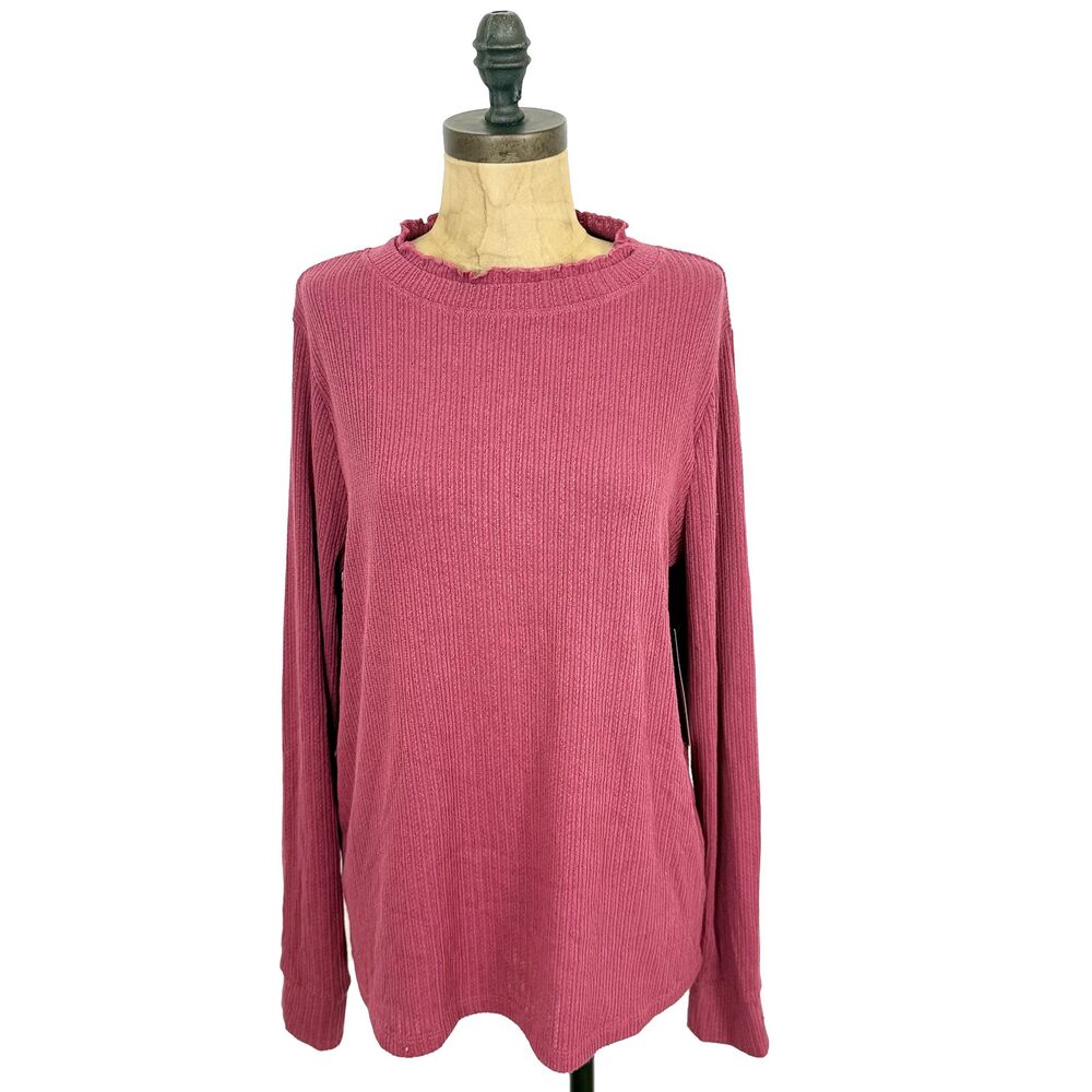 PINK CLOVER Ribbed Knit Mock Ruffle Neck Top XL Raspberry Long Sleeve NWT B50